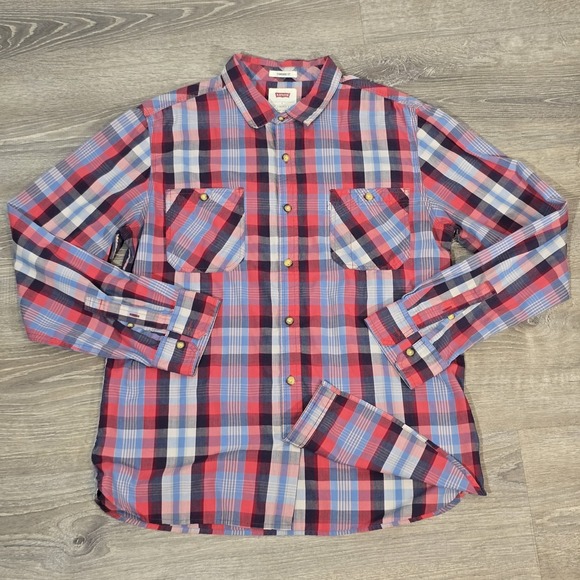 Levi's Men's‎ Standard Fit Plaid Long Sleeve Button Down Shirt Large Red Blue - Picture 1 of 13